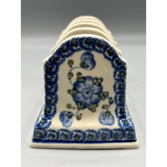 Boleslawiec Polish Ceramic Blue Floral Toast Rack Holder 4 slices or Mail Sorter - Picture 7 of 11